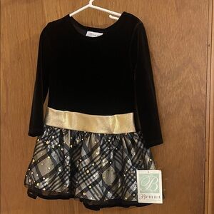 Bonnie Jean Black Velvet Dress with Gold Plaid Skirt